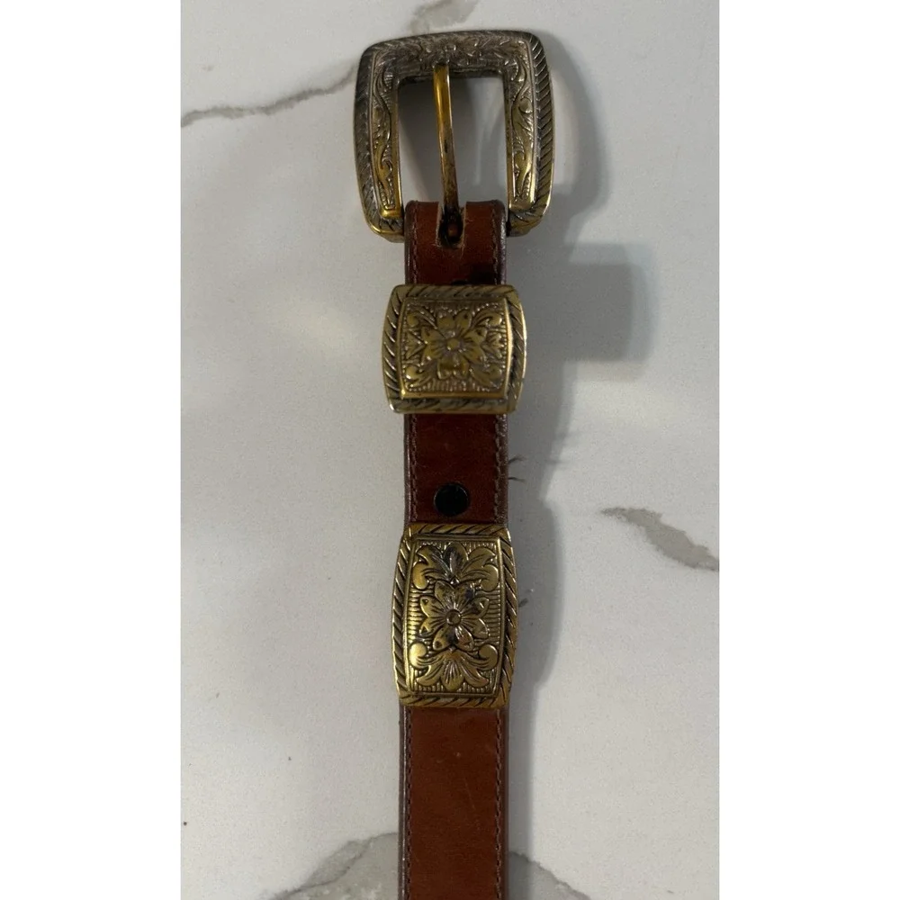 VTG 1994 Brighton Belt Women's 36.5 Colorblock Leather Brass Western Cowgirl L